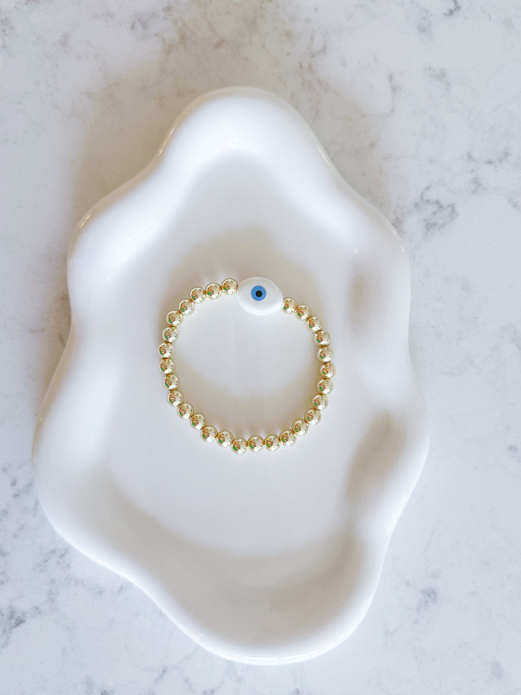 White Ceramic Evil Eye Bracelet with 6mm 14kt Gold Plated Beads