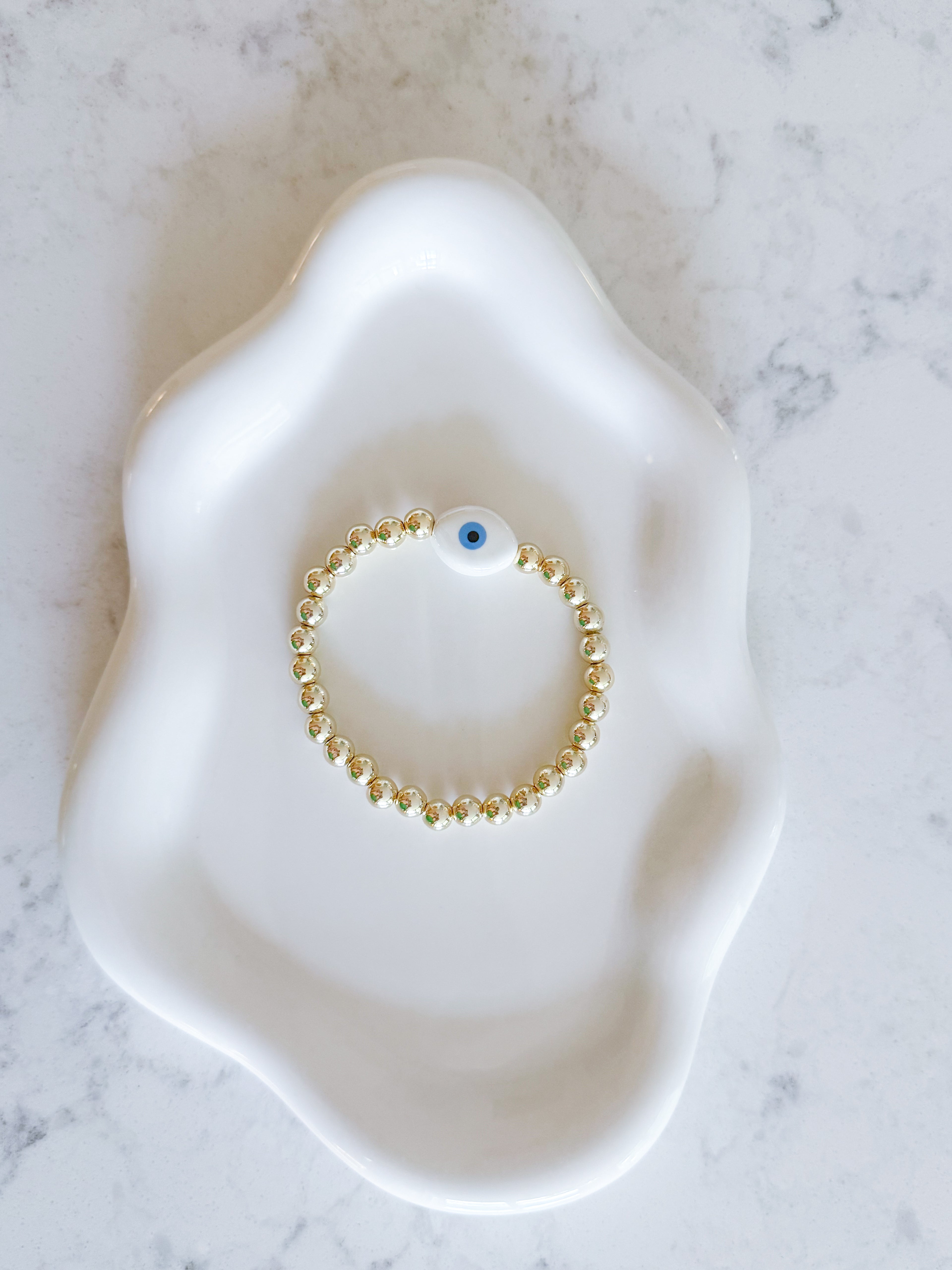 White Ceramic Evil Eye Bracelet with 6mm 14kt Gold Plated Beads