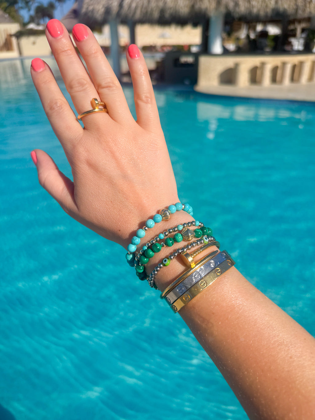 6mm Genuine Stone Malachite or Turquoise Beaded Bracelet