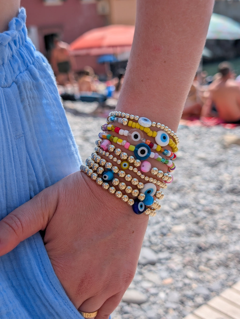 14kt Gold-Plated Beaded Bracelet with 5 Glass Evil Eye Charms