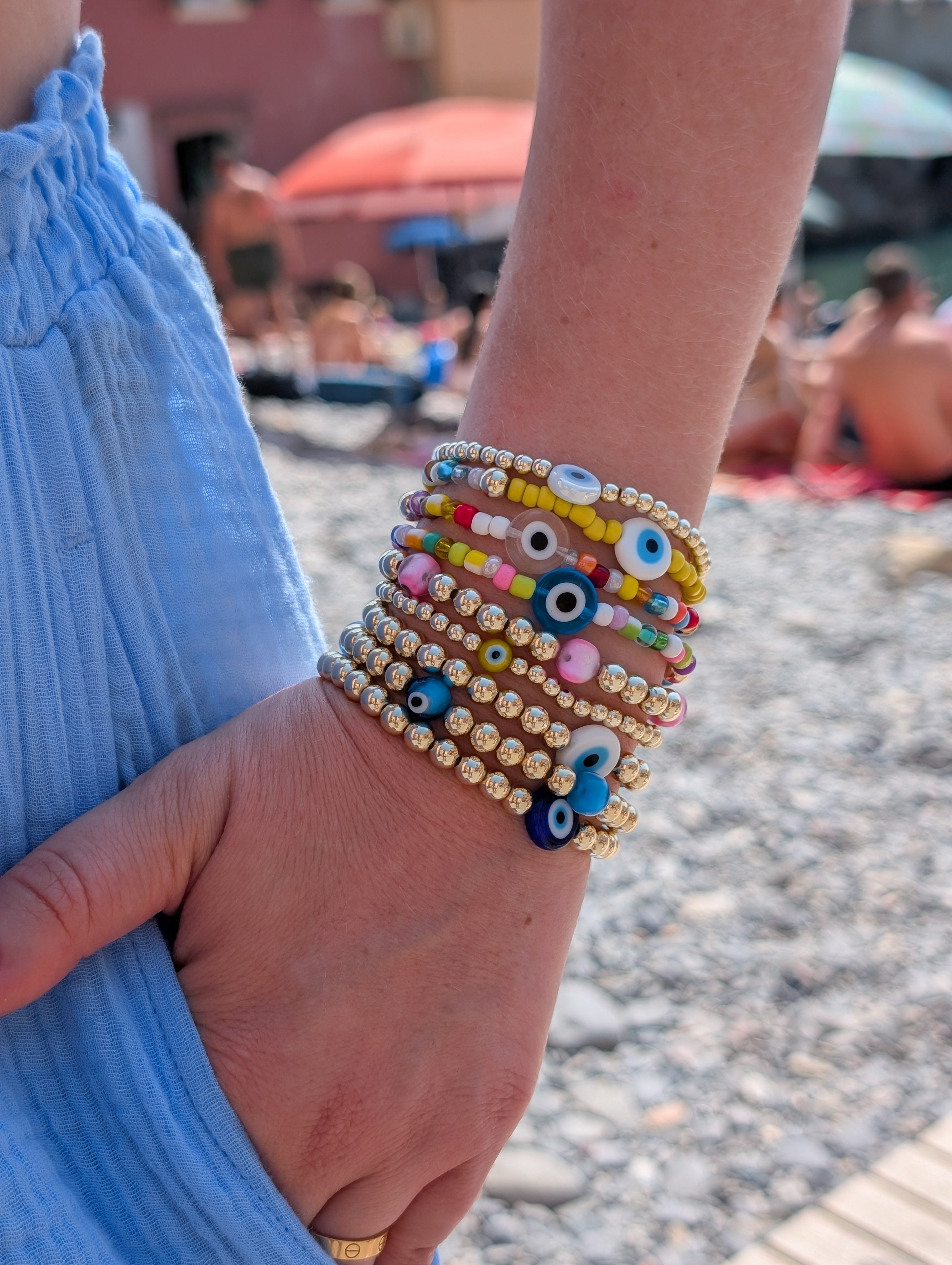 14kt Gold-Plated Beaded Bracelet with 5 Glass Evil Eye Charms