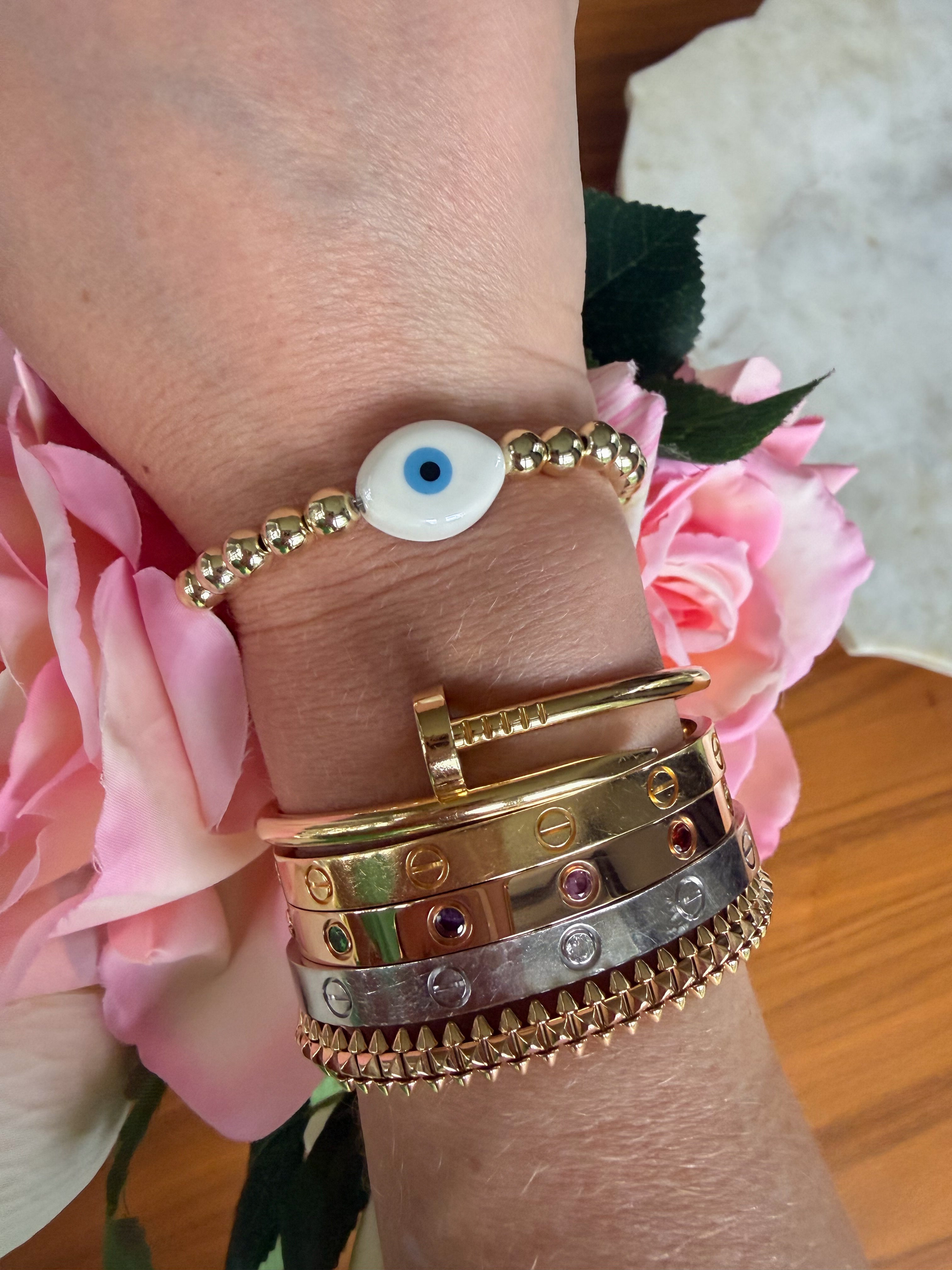 White Ceramic Evil Eye Bracelet with 6mm 14kt Gold Plated Beads