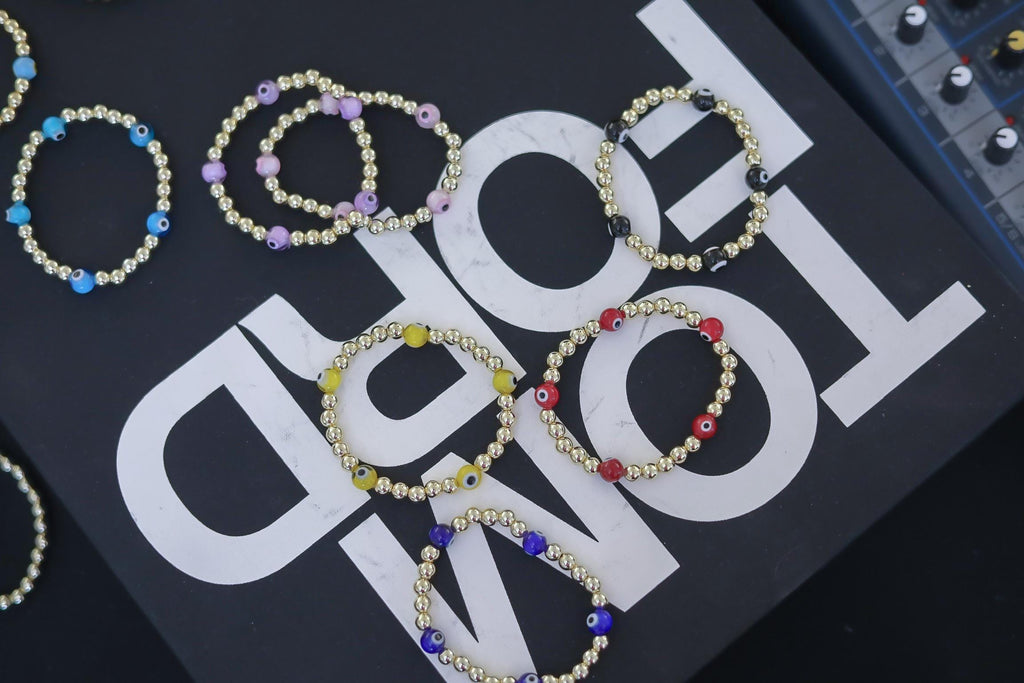 14kt Gold-Plated Beaded Bracelet with Five Glass Evil Eye Charms, Gold-Plated Beads