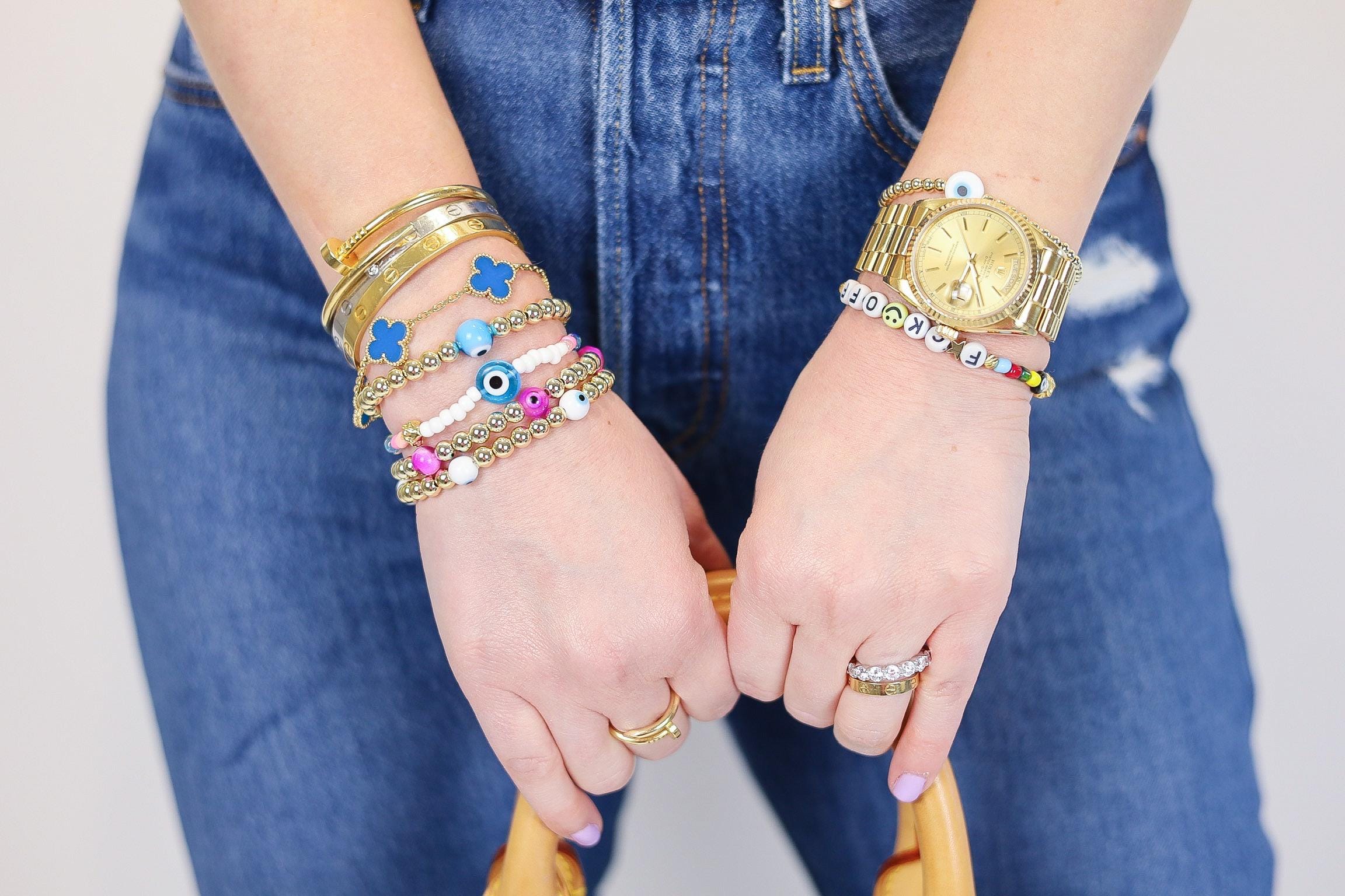 14kt Gold-Plated Beaded Bracelet with Five Glass Evil Eye Charms, Gold-Plated Beads
