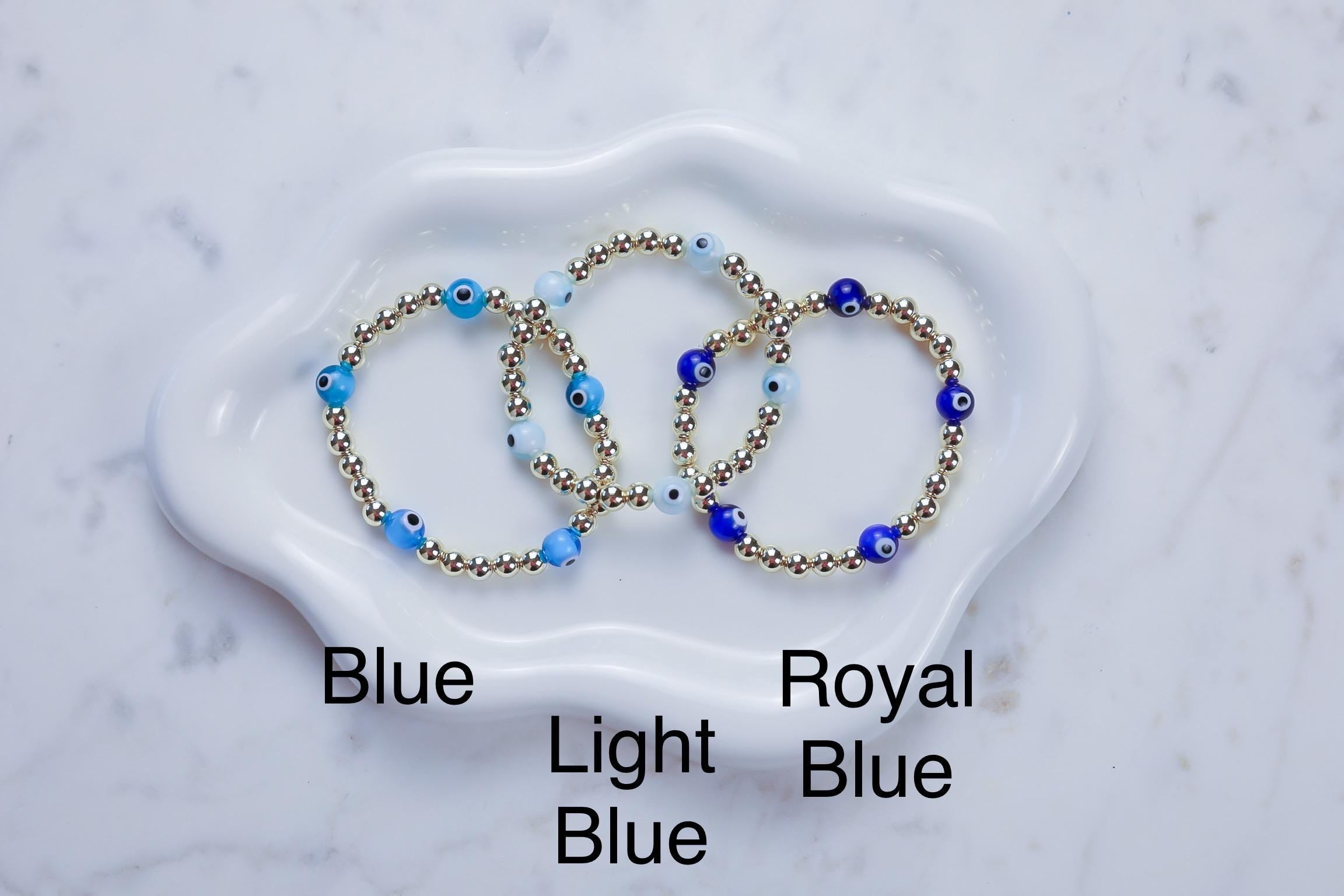 14kt Gold-Plated Beaded Bracelet with Five Glass Evil Eye Charms, Gold-Plated Beads