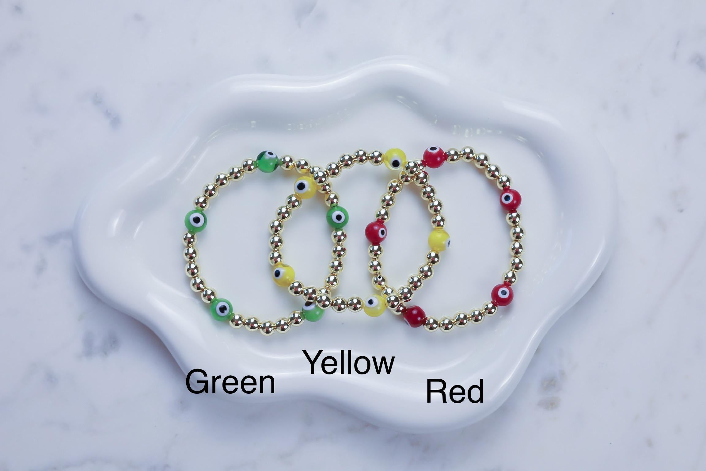 14kt Gold-Plated Beaded Bracelet with Five Glass Evil Eye Charms, Gold-Plated Beads