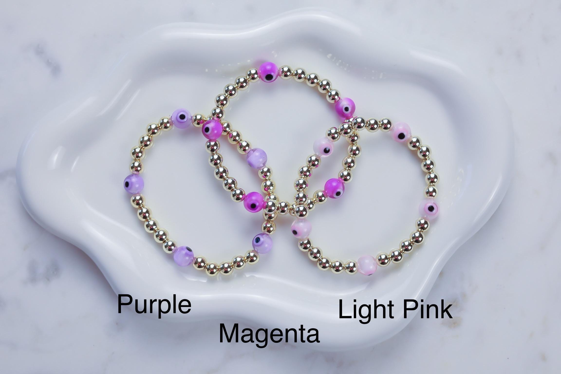 14kt Gold-Plated Beaded Bracelet with Five Glass Evil Eye Charms, Gold-Plated Beads