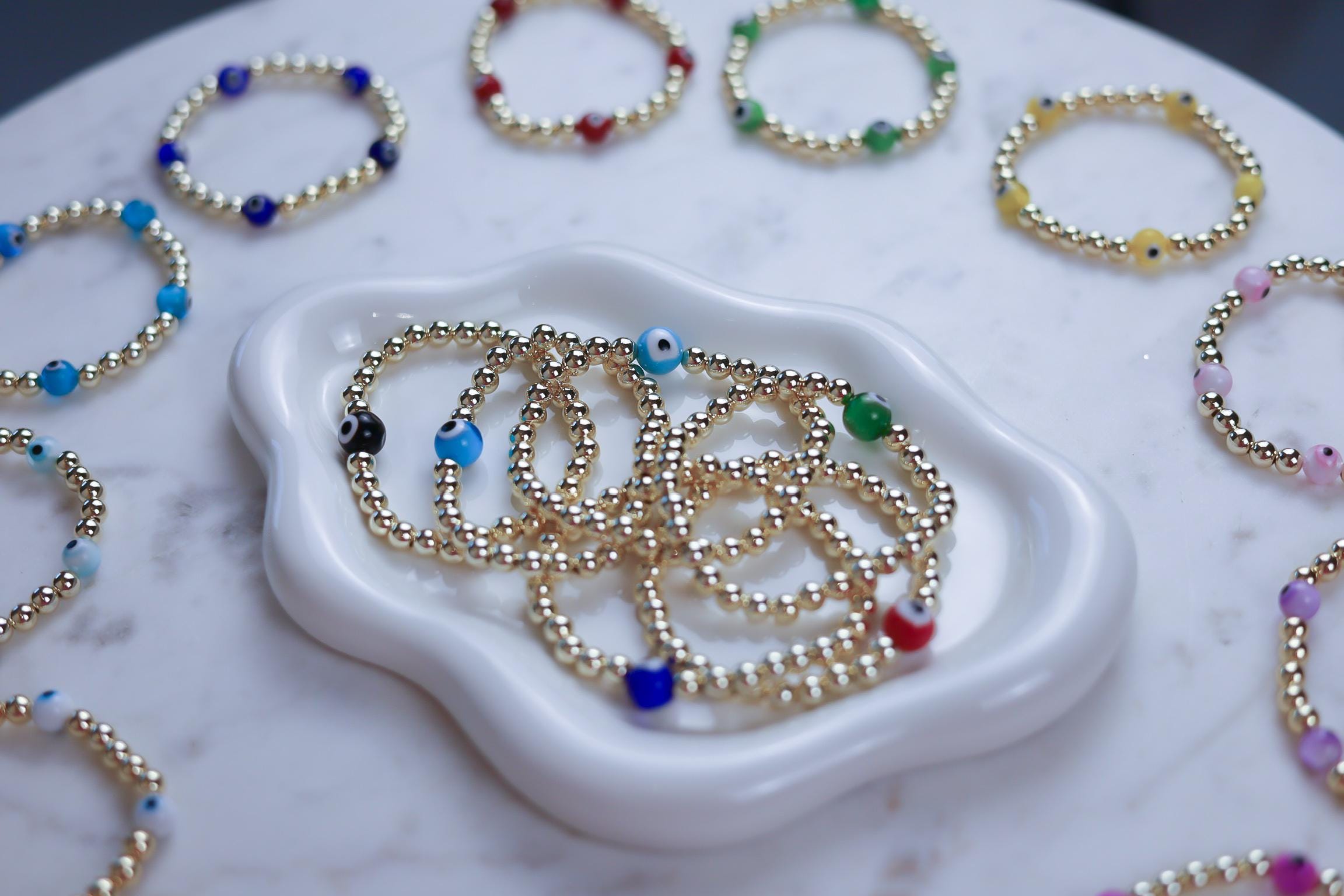 14kt Gold-Plated Evil Eye Beaded Bracelet with Glass Charm, Gold-Filled Beads