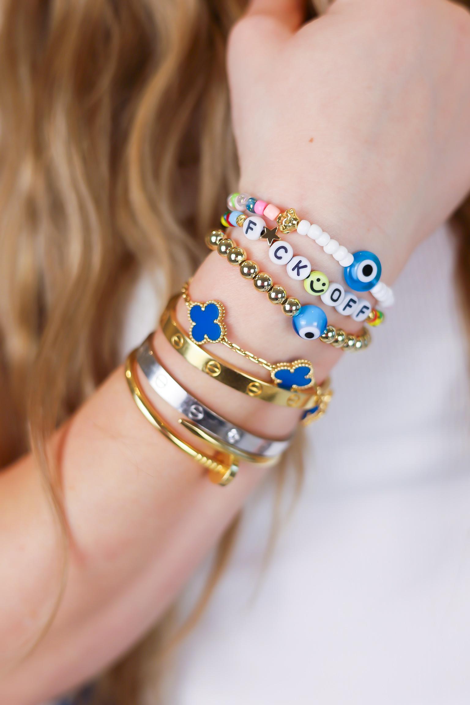 Custom Word Beaded Bracelet, Personalized Friendship Bracelet Evil Eye Protection, Inspirational Words f*ck off, grateful, strong AF