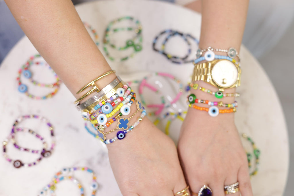 Multicolor Beaded Evil Eye Friendship Bracelet with Glass Charm, 14kt Gold-Plated Bead