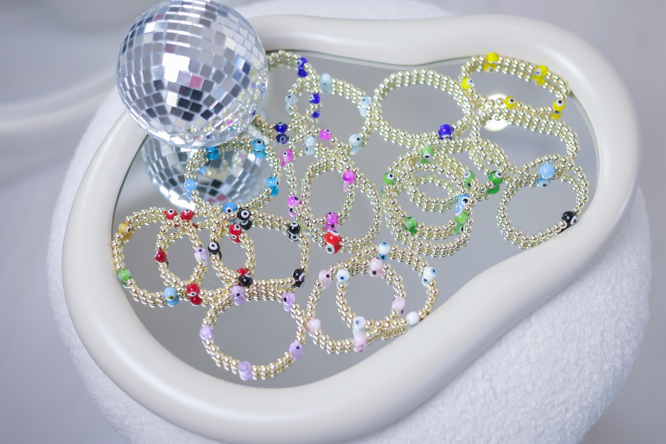 14kt Gold-Plated Beaded Bracelet with Five Glass Evil Eye Charms, Gold-Plated Beads