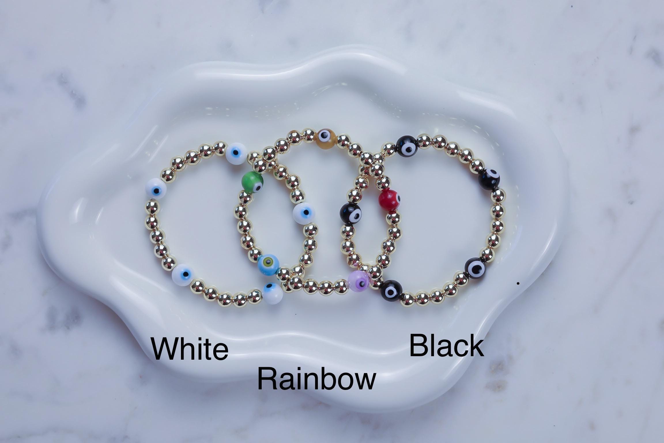 14kt Gold-Plated Beaded Bracelet with Five Glass Evil Eye Charms, Gold-Plated Beads