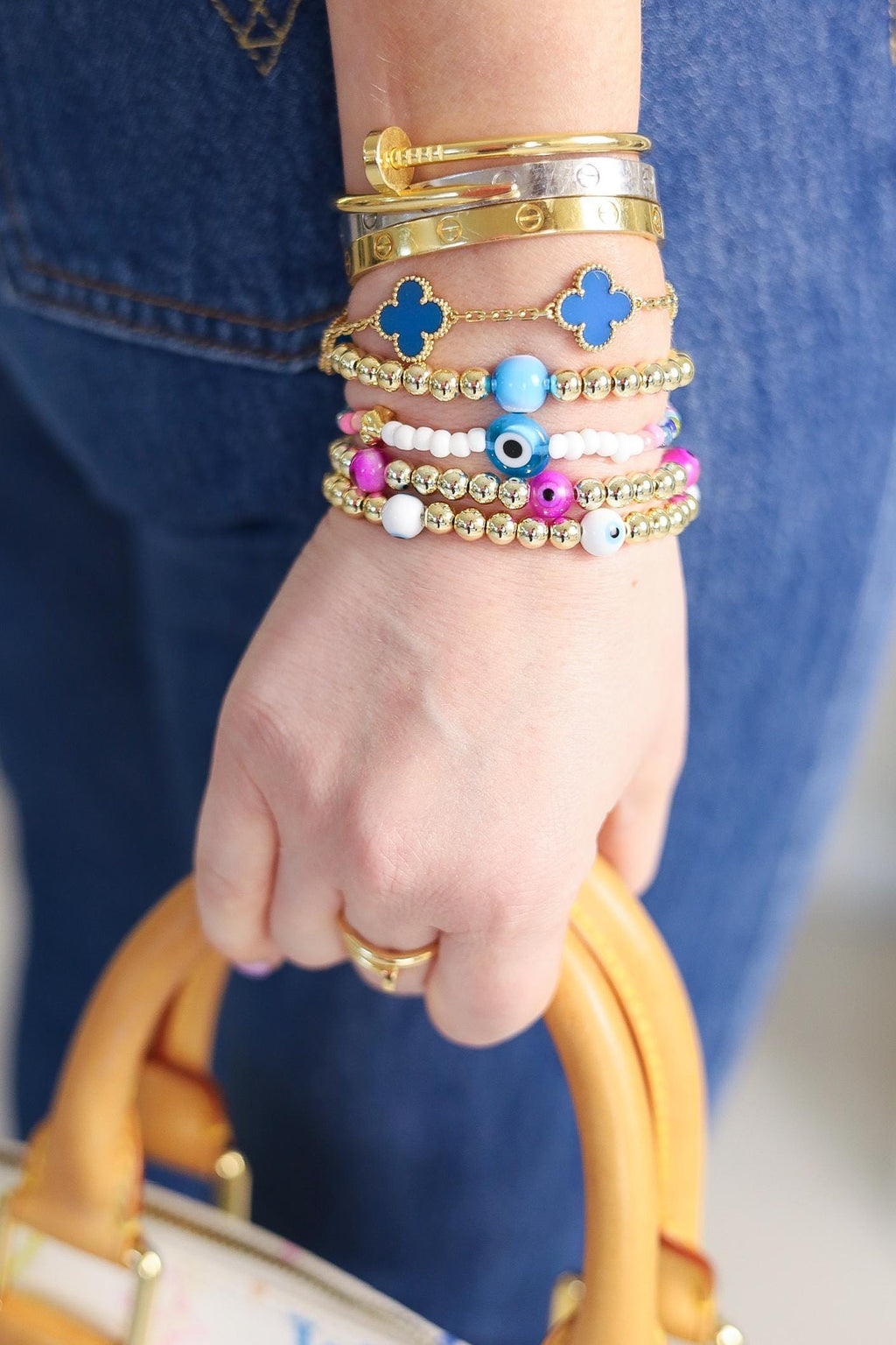 14kt Gold-Plated Evil Eye Beaded Bracelet with Glass Charm, Gold-Filled Beads