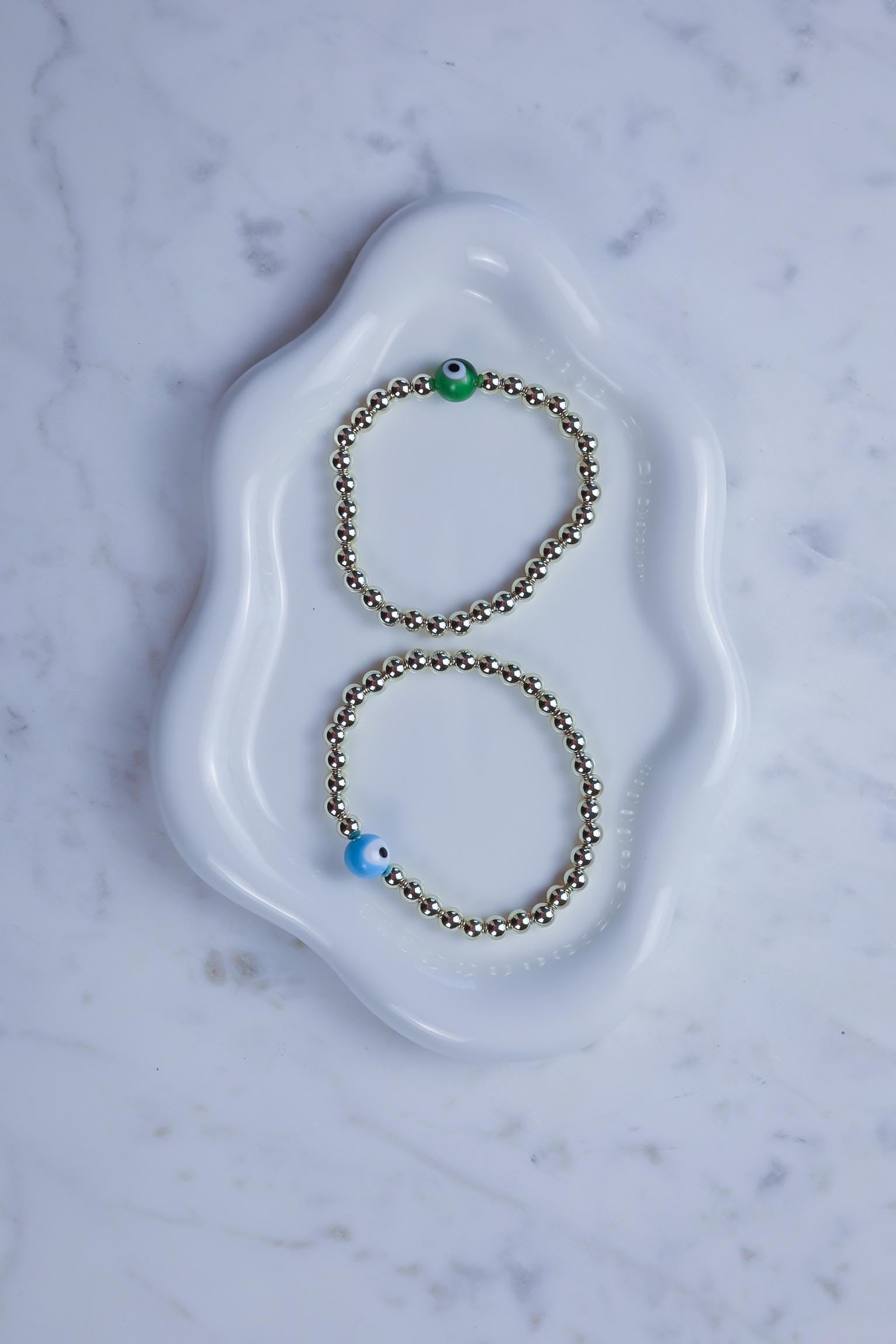 14kt Gold-Plated Evil Eye Beaded Bracelet with Glass Charm, Gold-Filled Beads