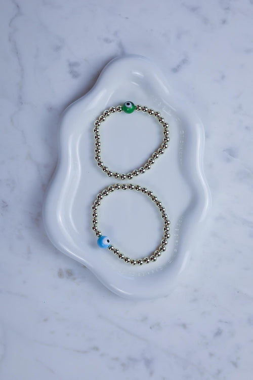 14kt Gold-Plated Evil Eye Beaded Bracelet with Glass Charm, Gold-Filled Beads