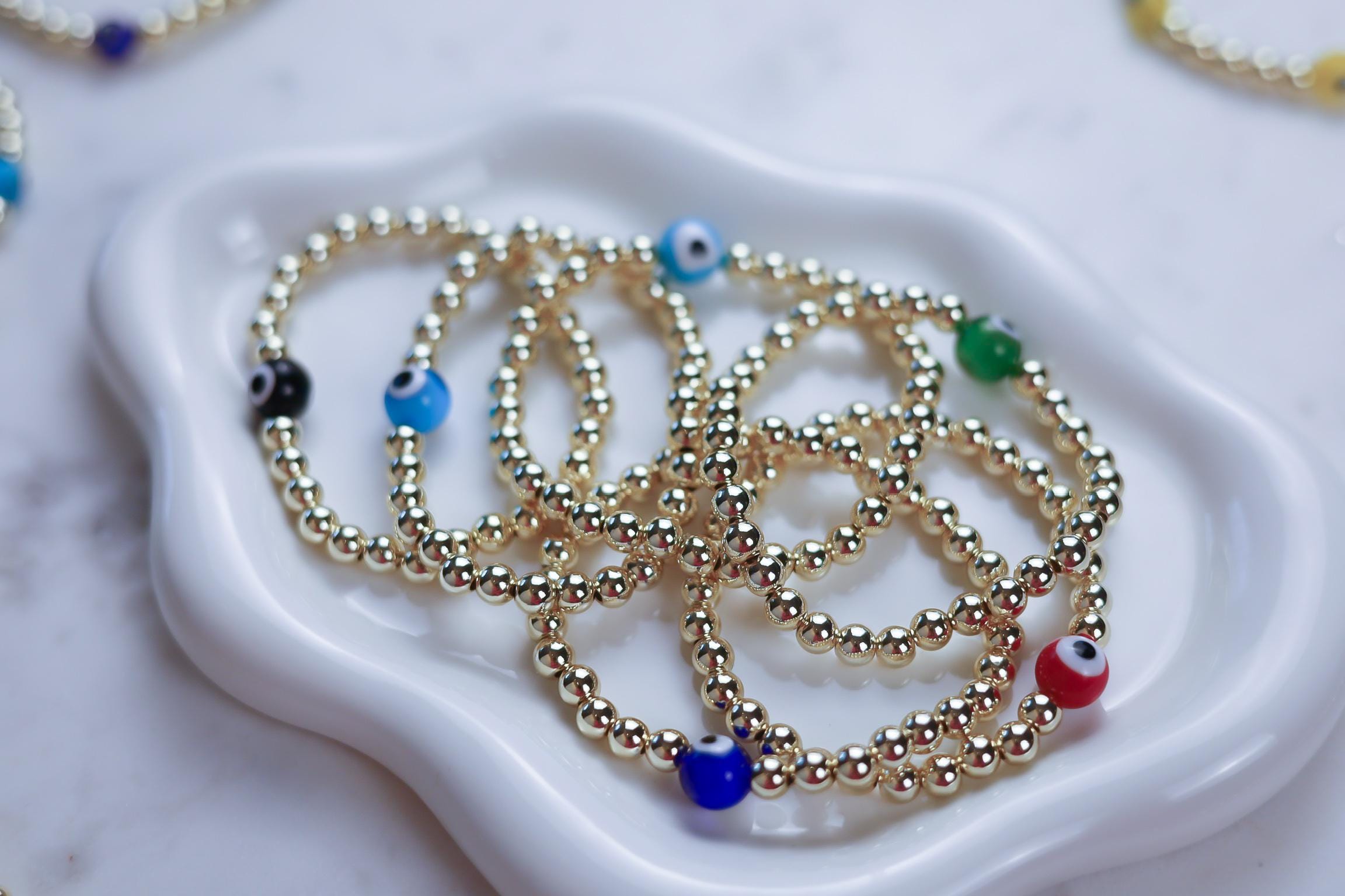 14kt Gold-Plated Evil Eye Beaded Bracelet with Glass Charm, Gold-Filled Beads