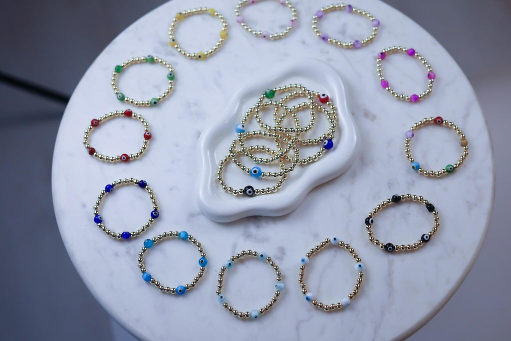14kt Gold-Plated Evil Eye Beaded Bracelet with Glass Charm, Gold-Filled Beads
