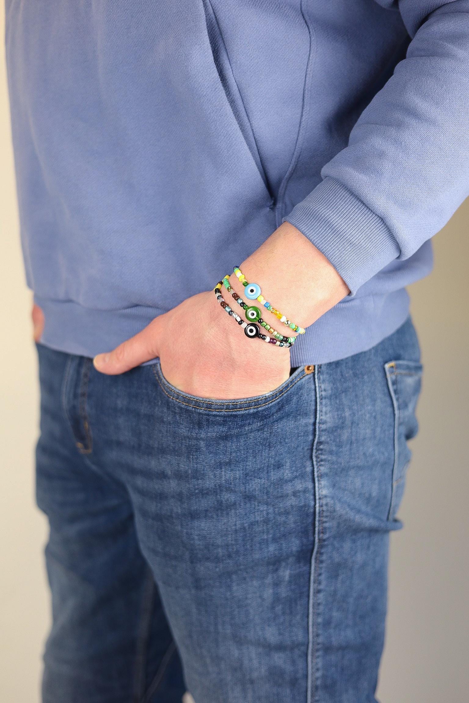 Men's Custom Evil Eye Beaded Friendship Bracelet, Personalized Name Gift