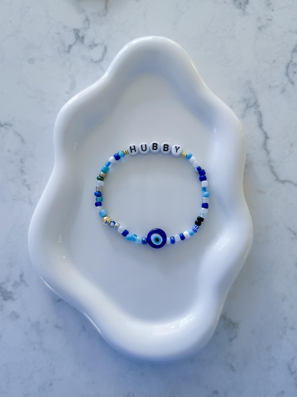 Custom Beaded Bridal Bracelet, Wifey Hubby Jewelry, Evil Eye Charm