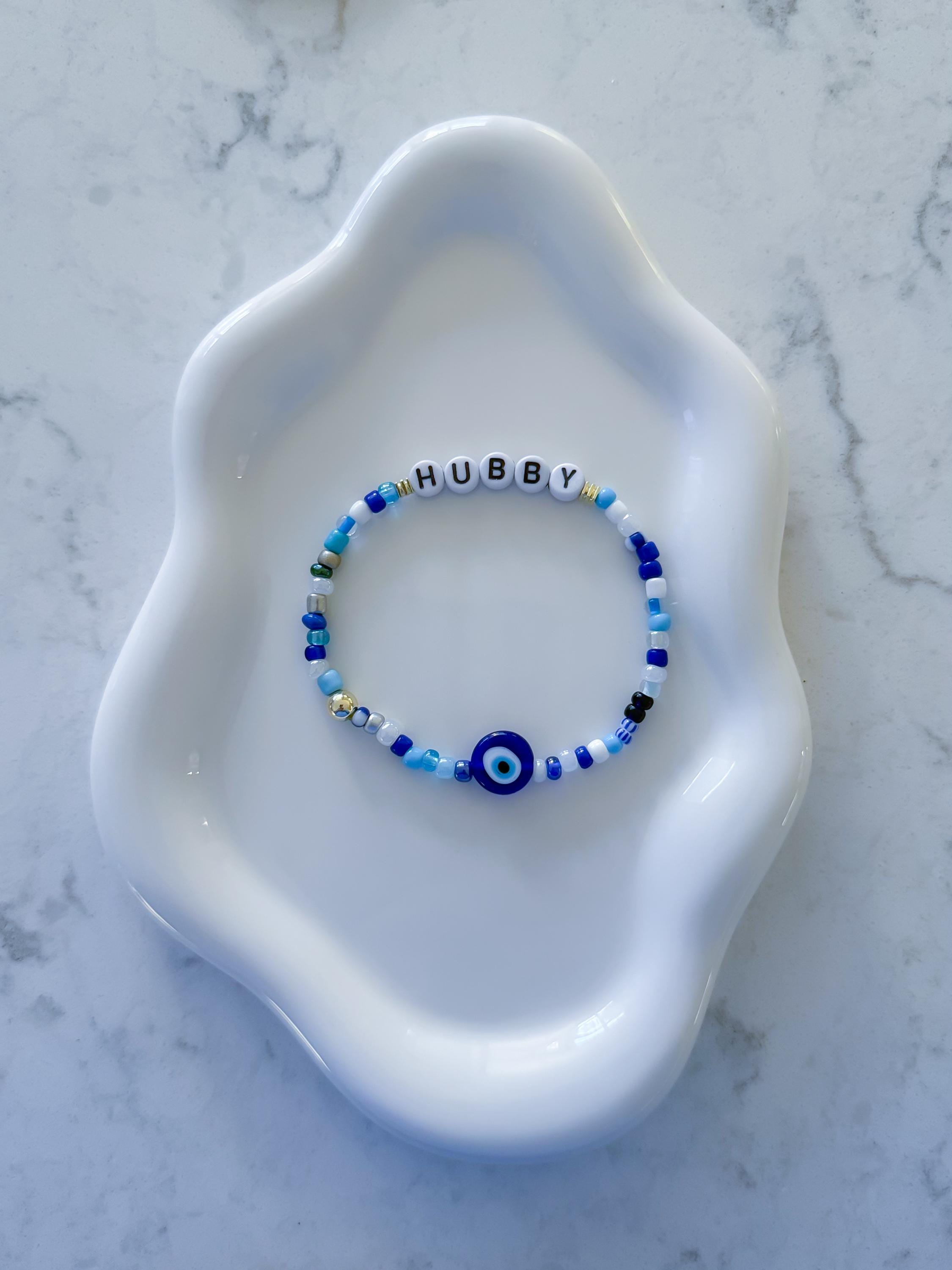 Custom Beaded Bridal Bracelet, Wifey Hubby Jewelry, Evil Eye Charm