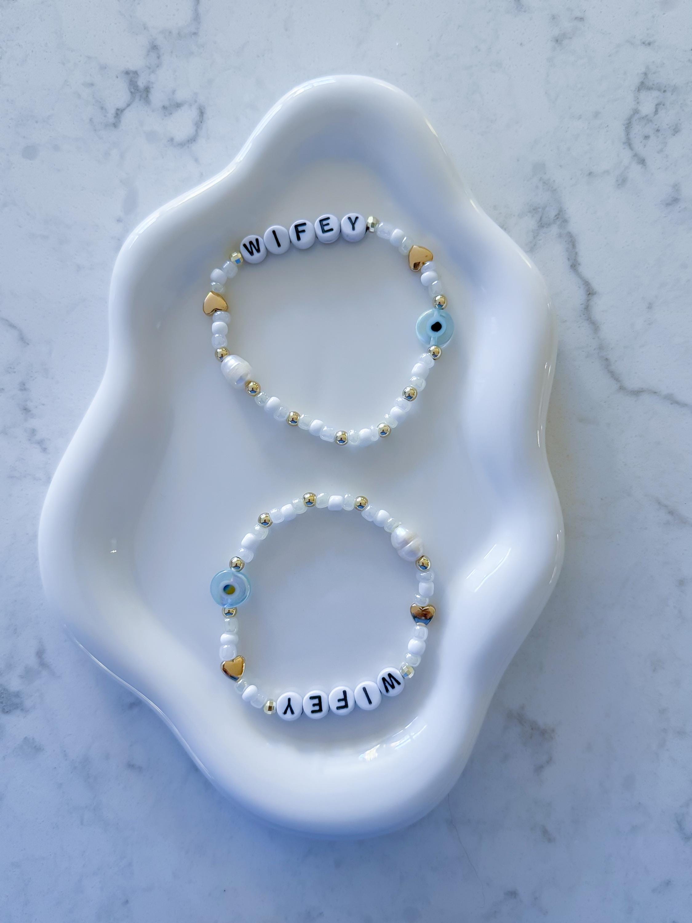 Custom Beaded Bridal Bracelet, Wifey Hubby Jewelry, Evil Eye Charm
