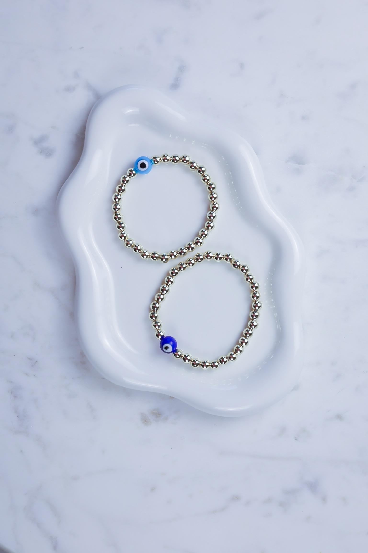 14kt Gold-Plated Evil Eye Beaded Bracelet with Glass Charm, Gold-Filled Beads