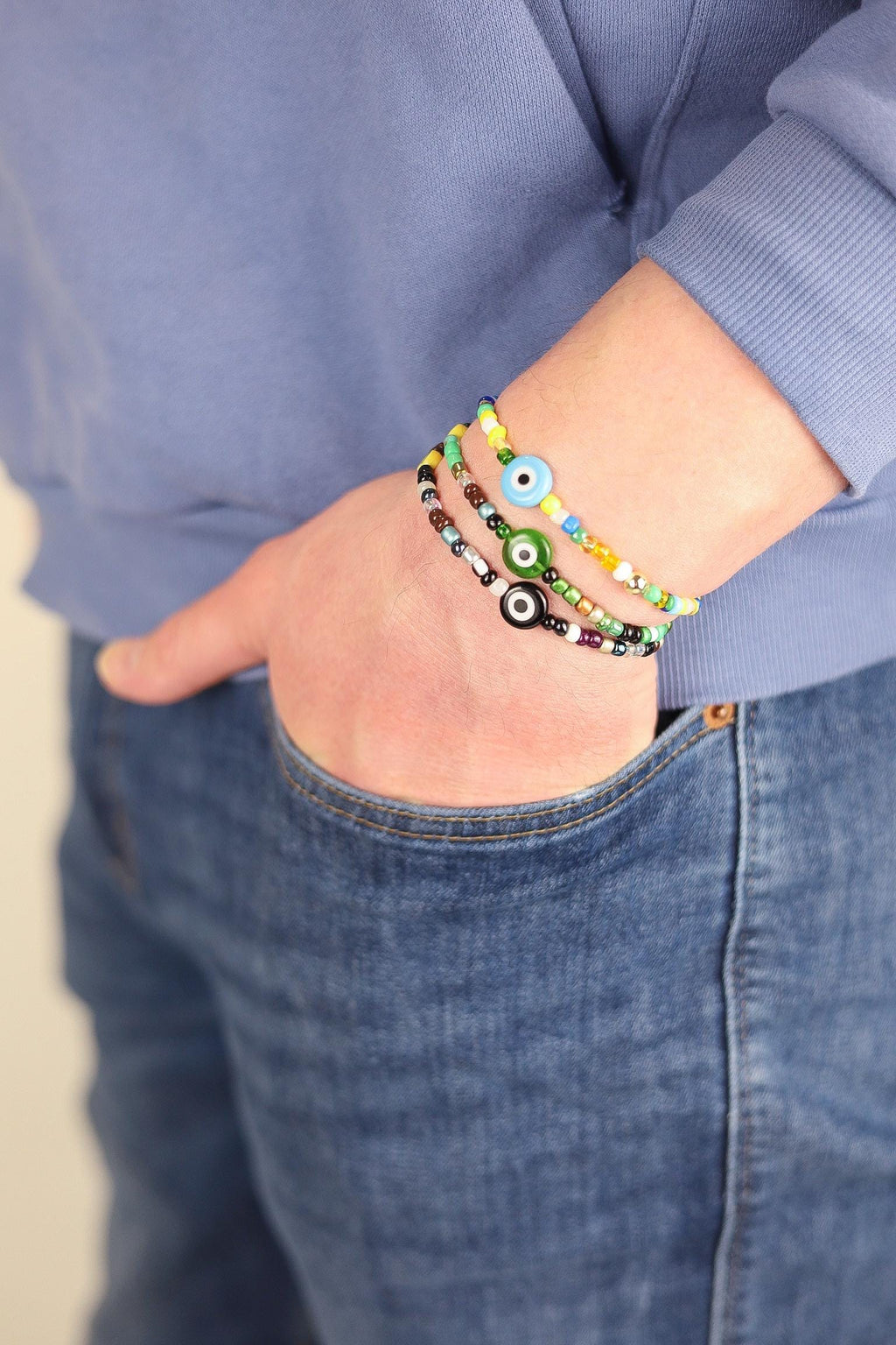 Men's Custom Evil Eye Beaded Friendship Bracelet, Personalized Name Gift