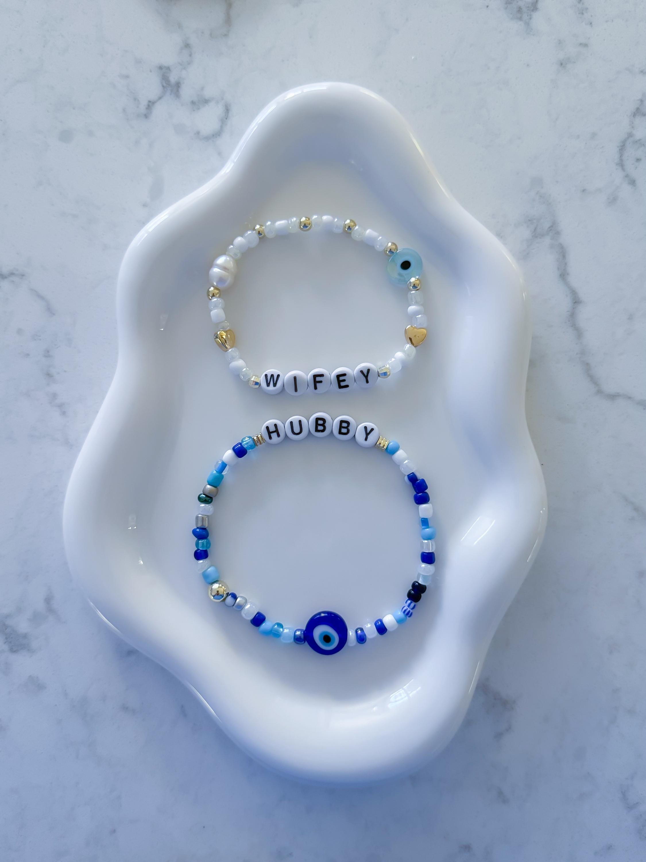 Custom Beaded Bridal Bracelet, Wifey Hubby Jewelry, Evil Eye Charm
