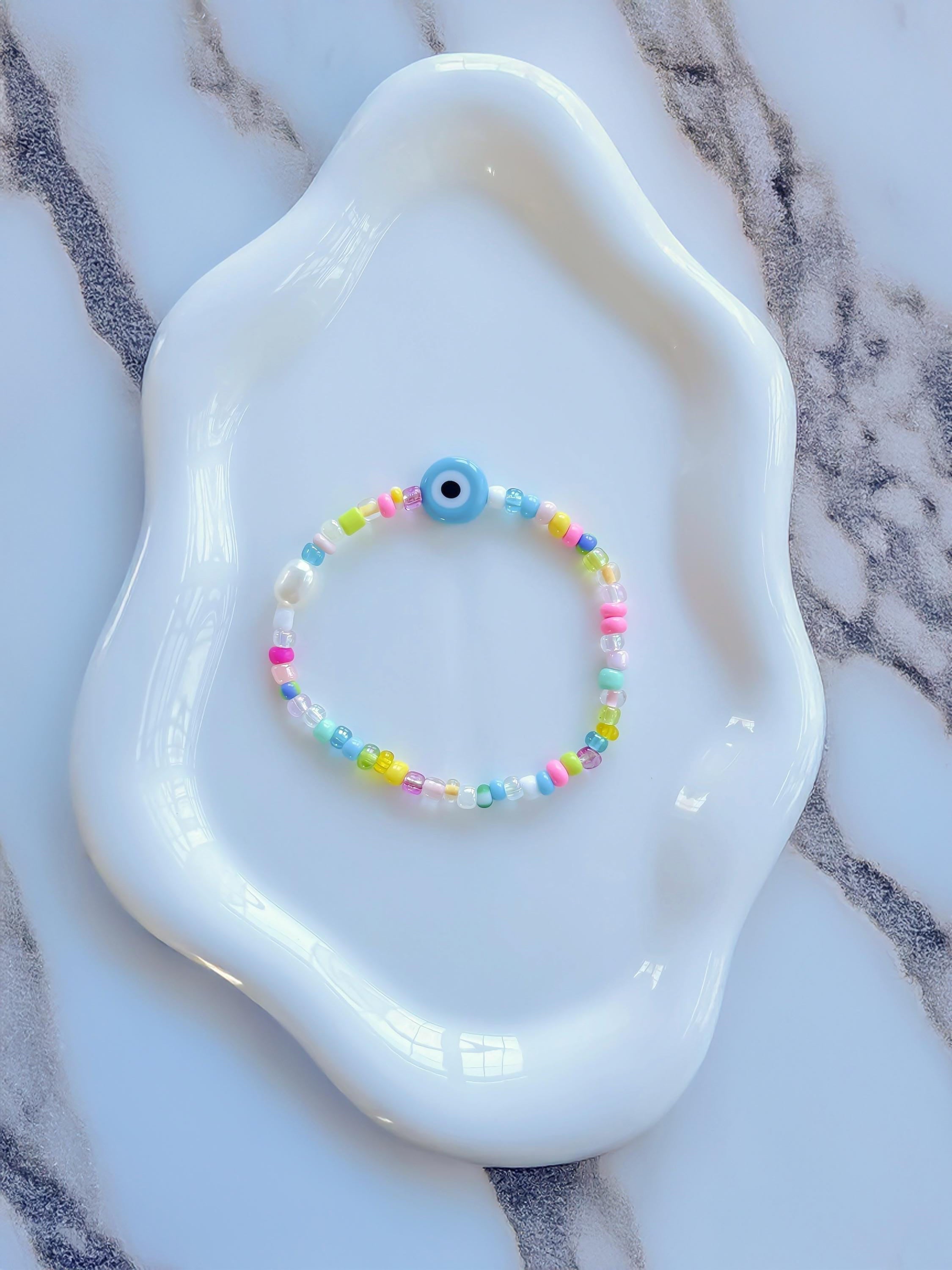 Multicolor Beaded Evil Eye Friendship Bracelet with Glass Charm, 14kt Gold-Plated Bead