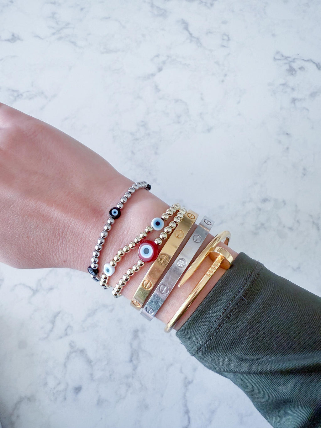 Dainty Evil Eye Bracelet – 14k Gold Plated Beads, Protection Jewelry