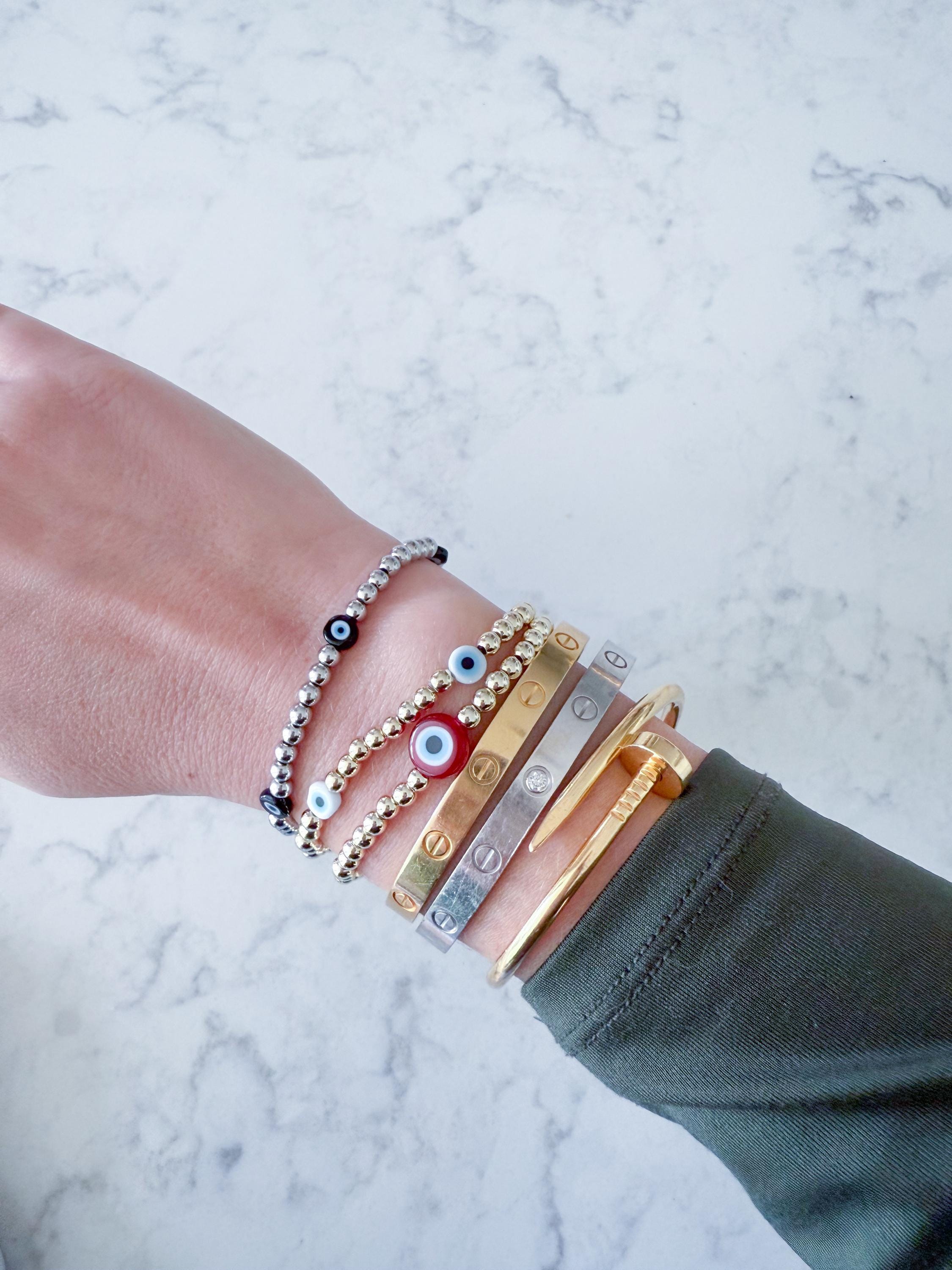 Dainty Evil Eye Bracelet – 14k Gold Plated Beads, Protection Jewelry