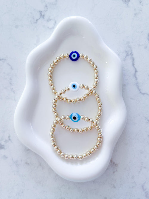 14kt Gold-Filled or Gold Plated Evil Eye Beaded Bracelet with Big Evil Eye Glass