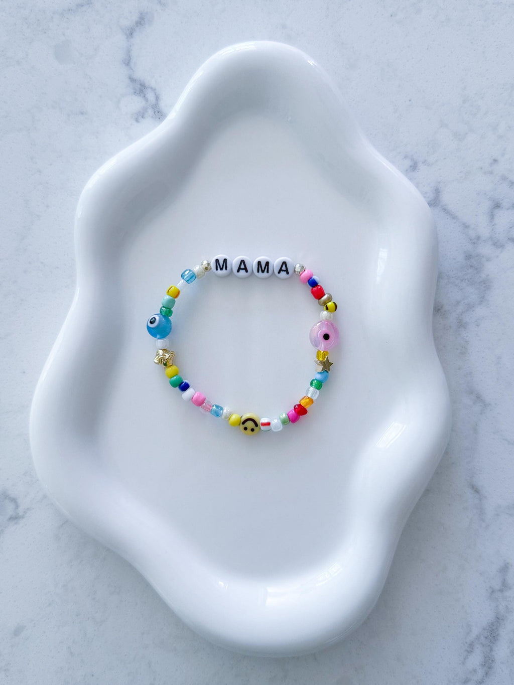Mama Bracelet: Gold Plated Beads, Pearl, Pink Evil Eye, Motherhood Keepsake