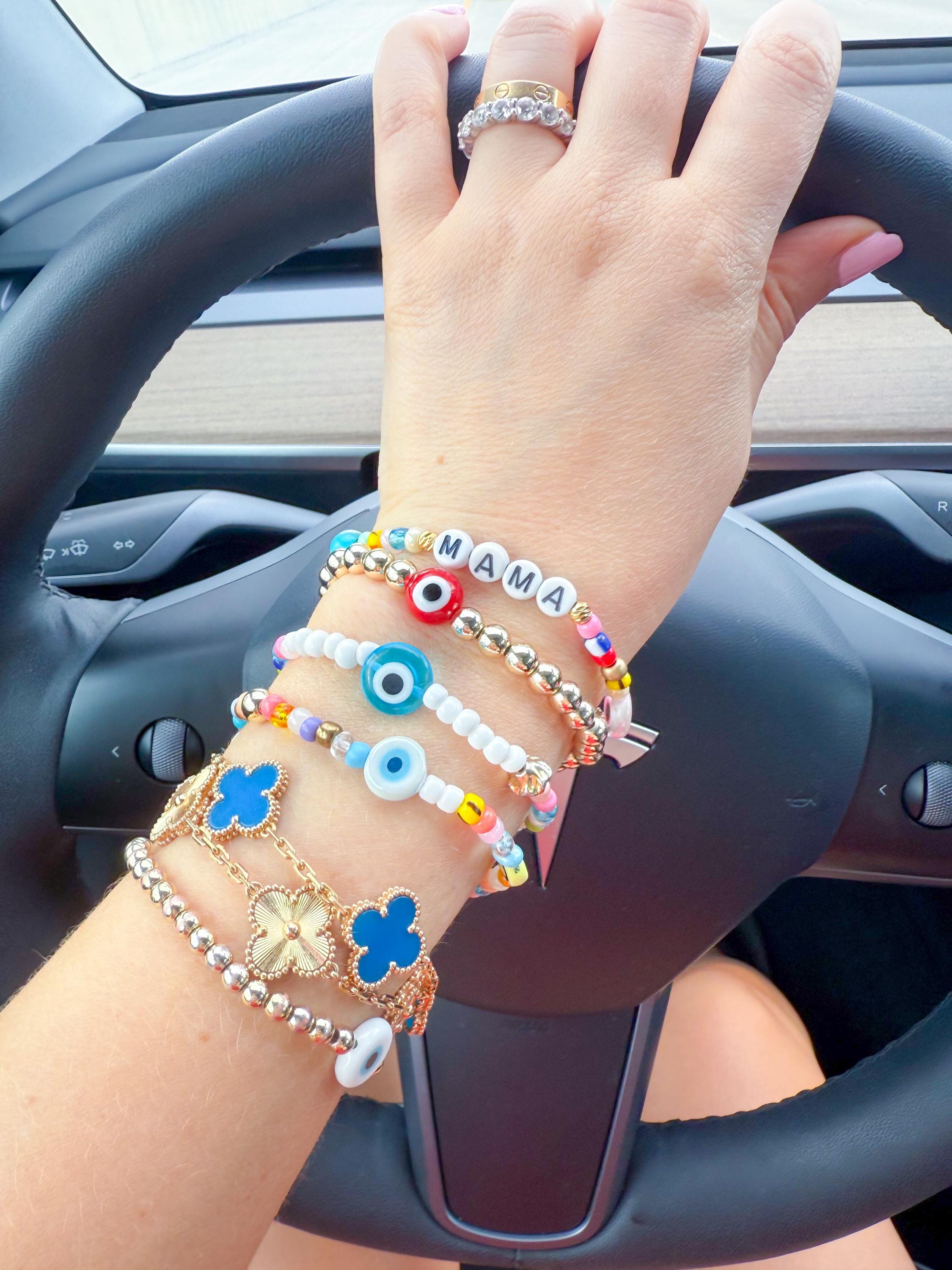 Mama Bracelet: Gold Plated Beads, Pearl, Pink Evil Eye, Motherhood Keepsake