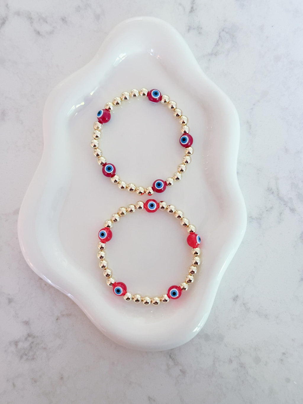 14kt Gold Plated Beaded Bracelet with Five Glass Evil Eye Charms
