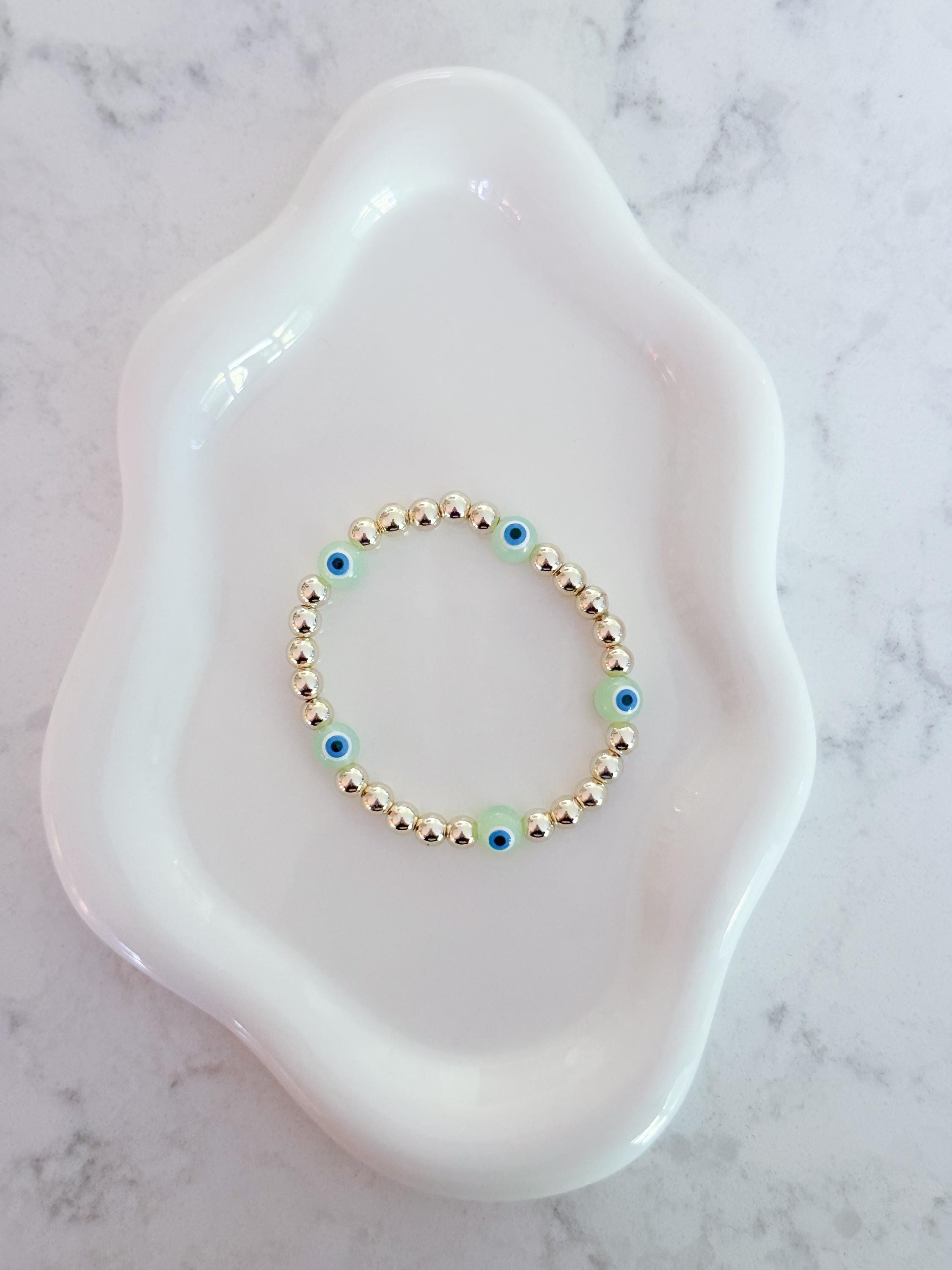 14kt Gold Plated Beaded Bracelet with Five Glass Evil Eye Charms
