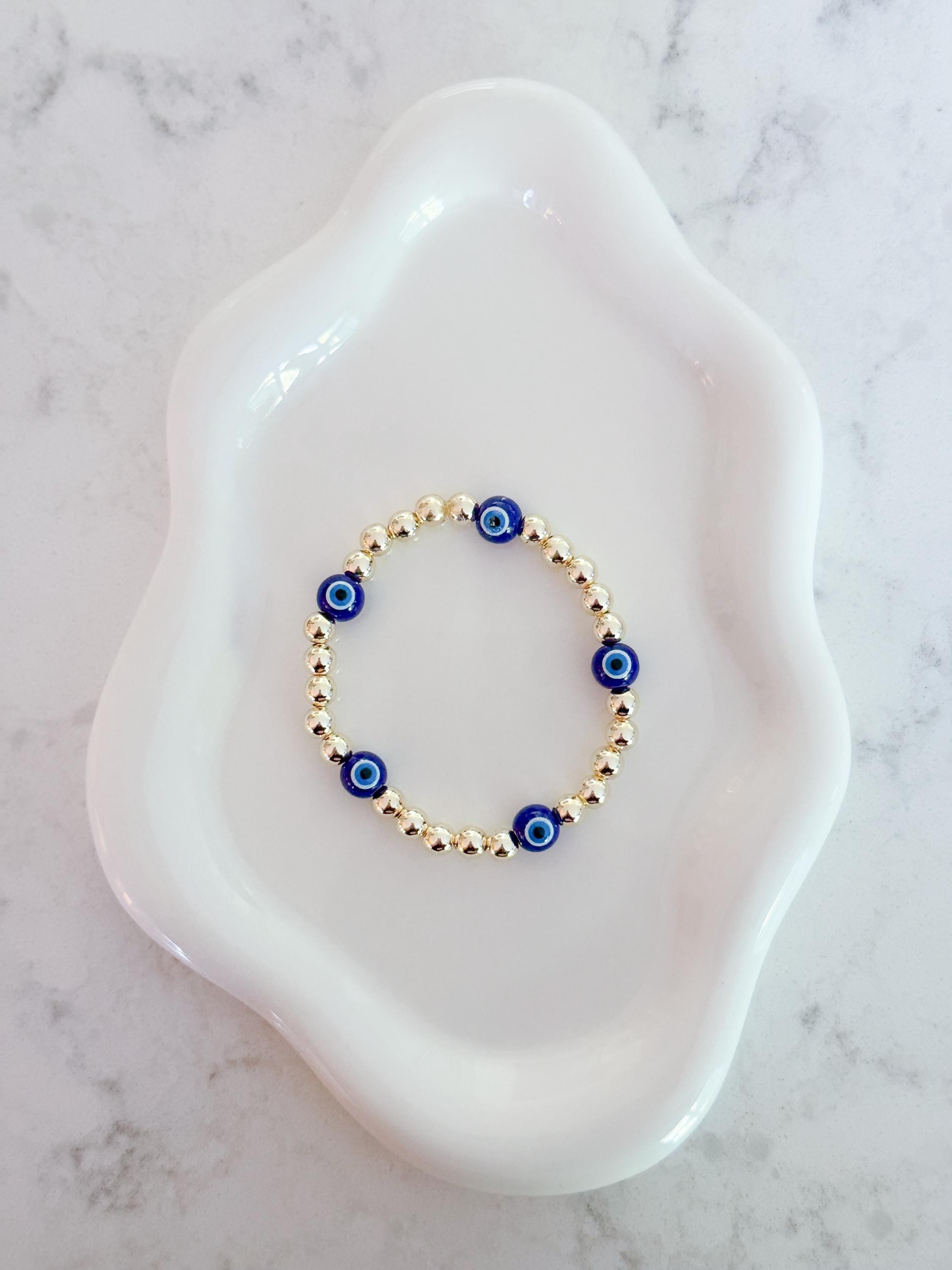 14kt Gold Plated Beaded Bracelet with Five Glass Evil Eye Charms