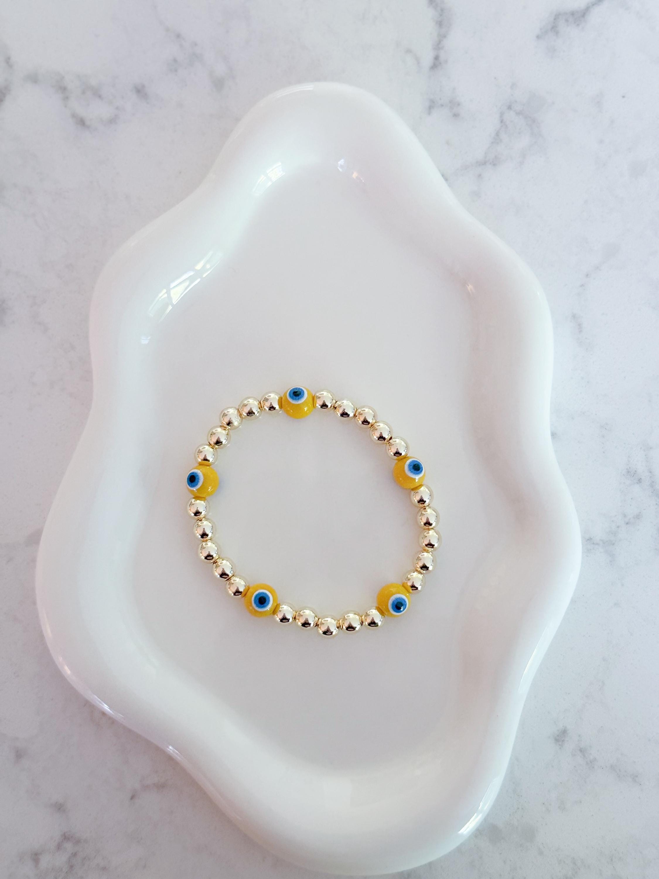 14kt Gold Plated Beaded Bracelet with Five Glass Evil Eye Charms