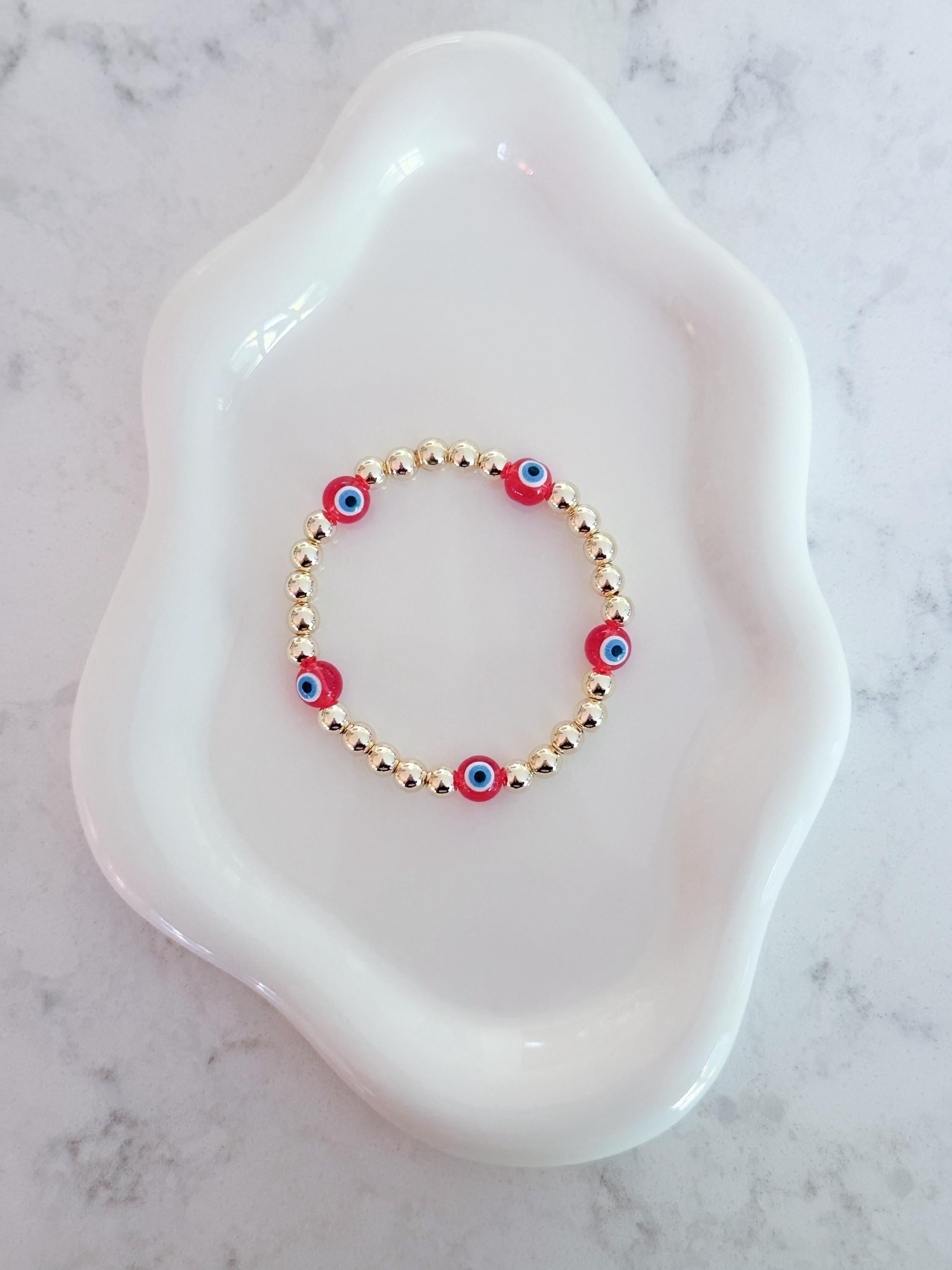 14kt Gold Plated Beaded Bracelet with Five Glass Evil Eye Charms