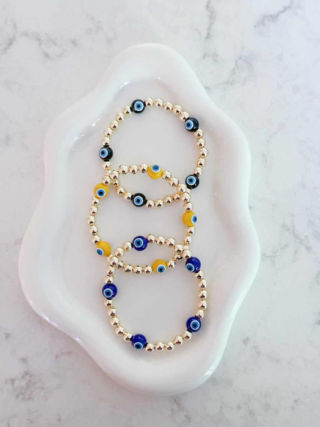 14kt Gold Plated Beaded Bracelet with Five Glass Evil Eye Charms