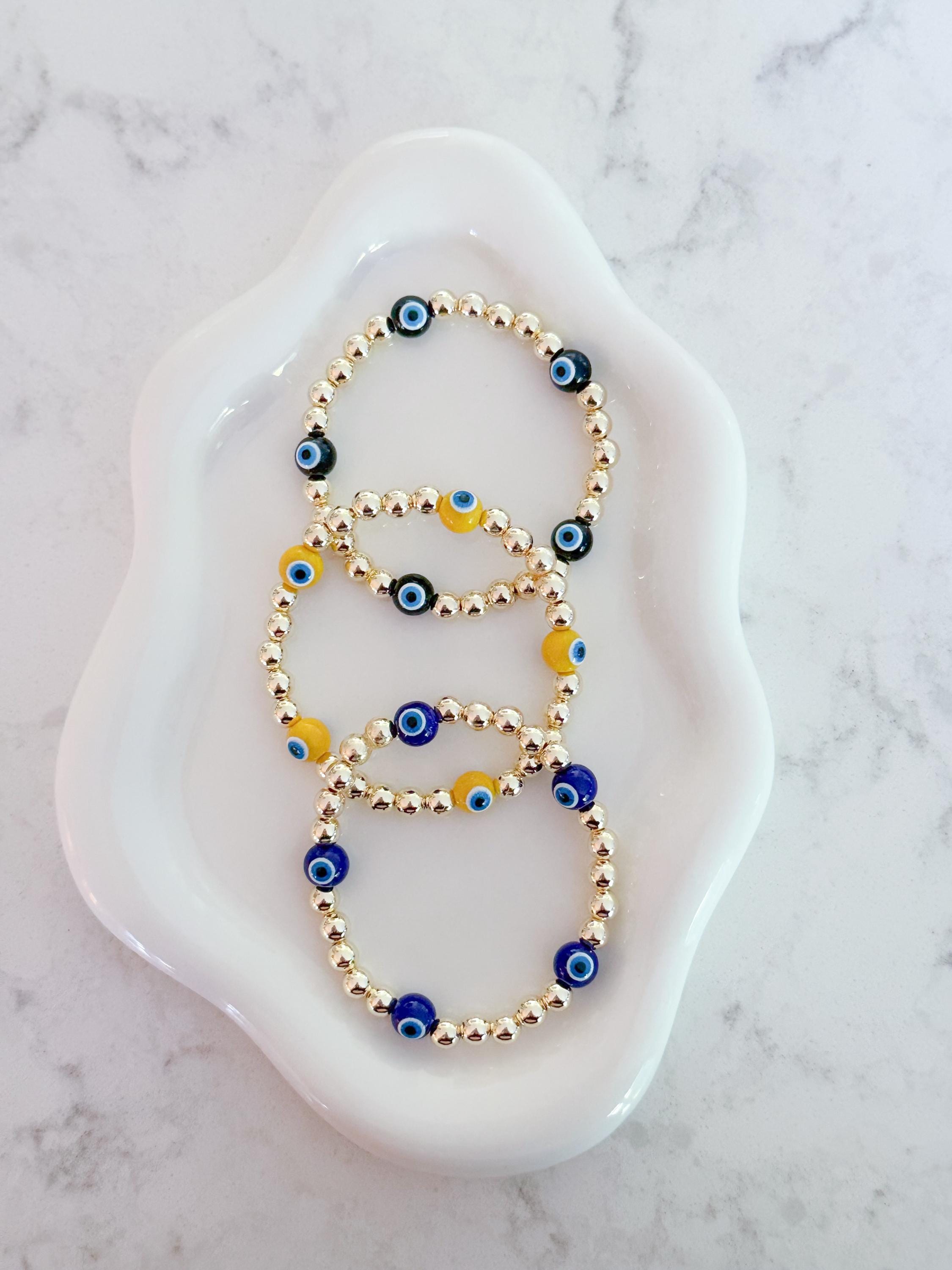 14kt Gold Plated Beaded Bracelet with Five Glass Evil Eye Charms