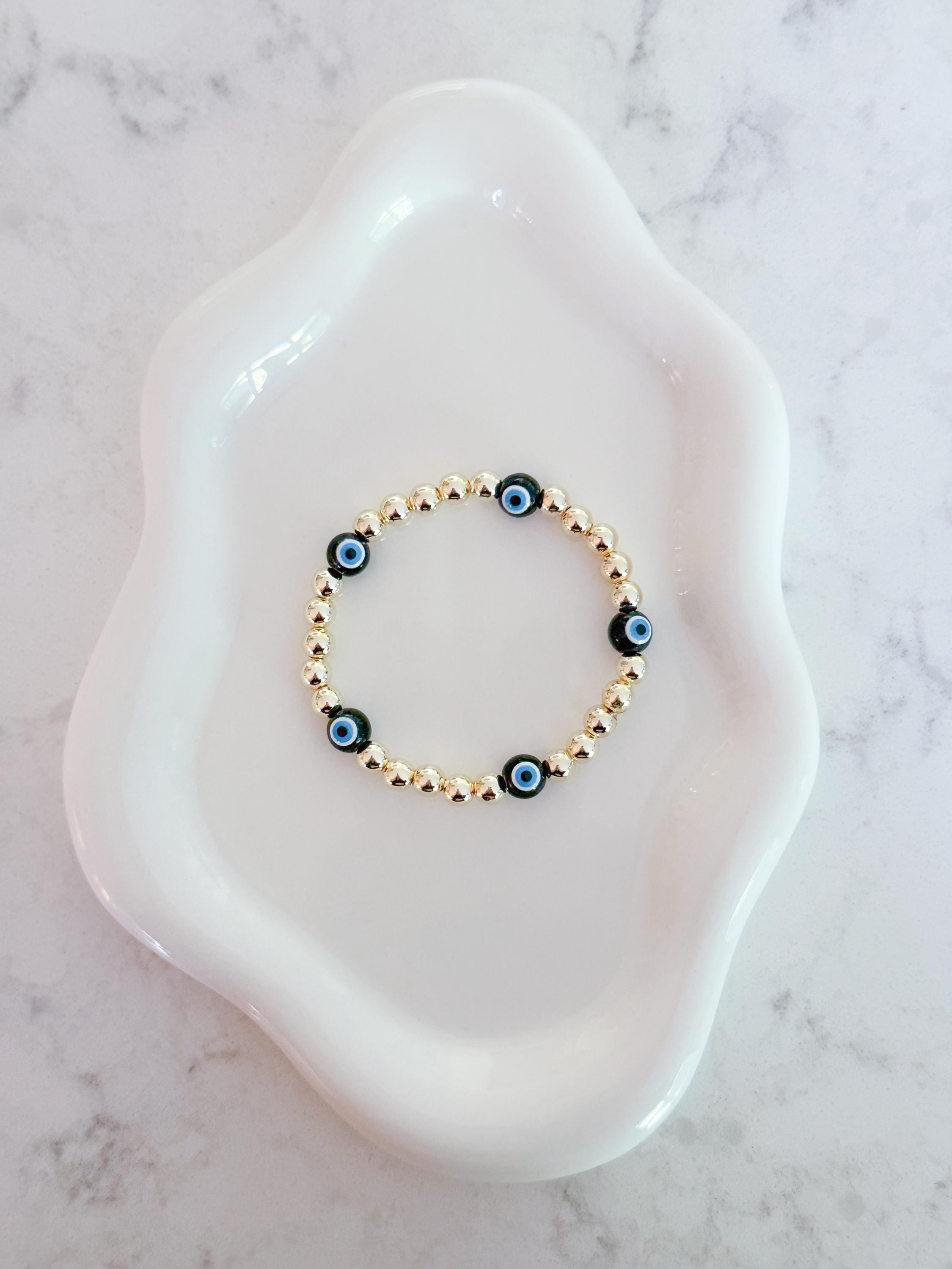 14kt Gold Plated Beaded Bracelet with Five Glass Evil Eye Charms