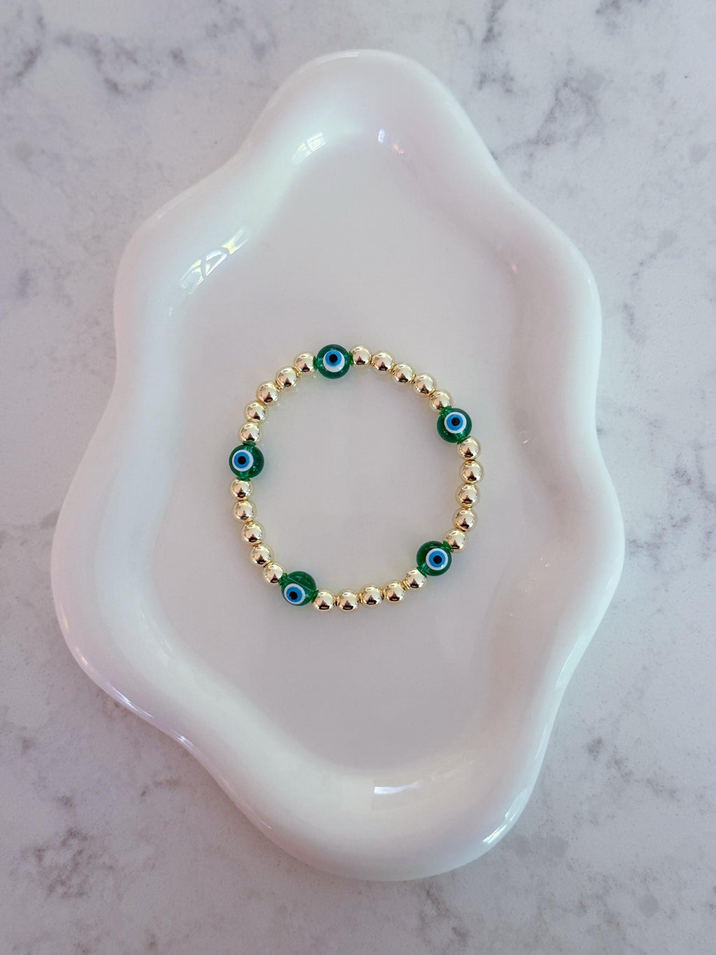 14kt Gold Plated Beaded Bracelet with Five Glass Evil Eye Charms