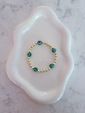 14kt Gold Plated Beaded Bracelet with Five Glass Evil Eye Charms