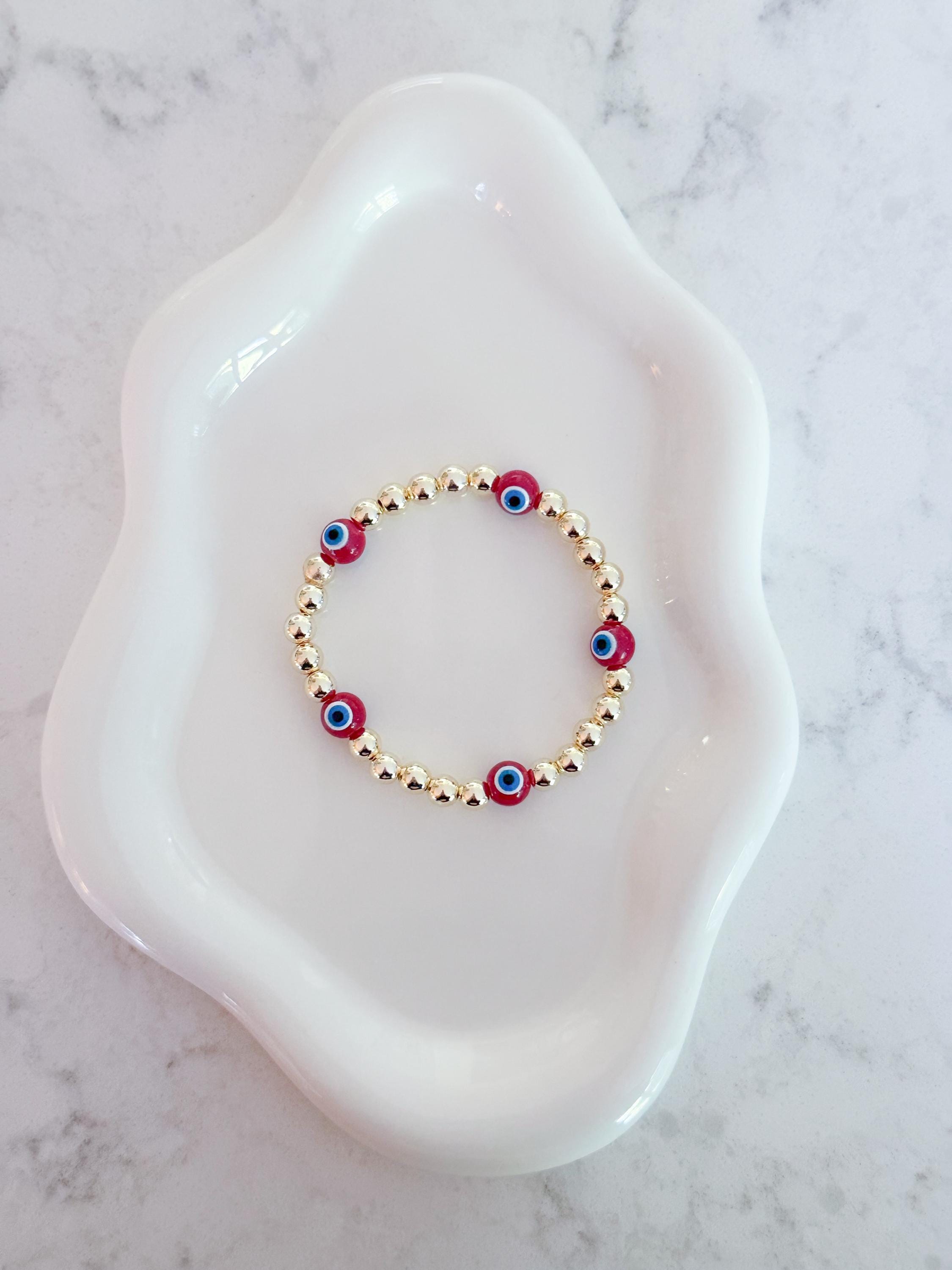14kt Gold Plated Beaded Bracelet with Five Glass Evil Eye Charms