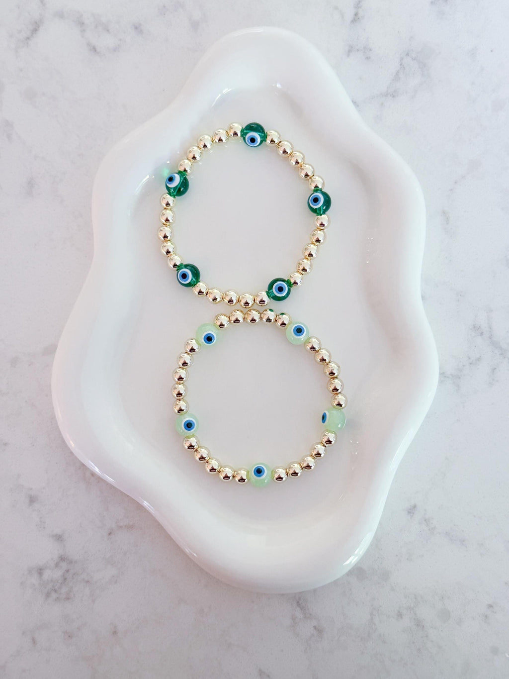 14kt Gold Plated Beaded Bracelet with Five Glass Evil Eye Charms