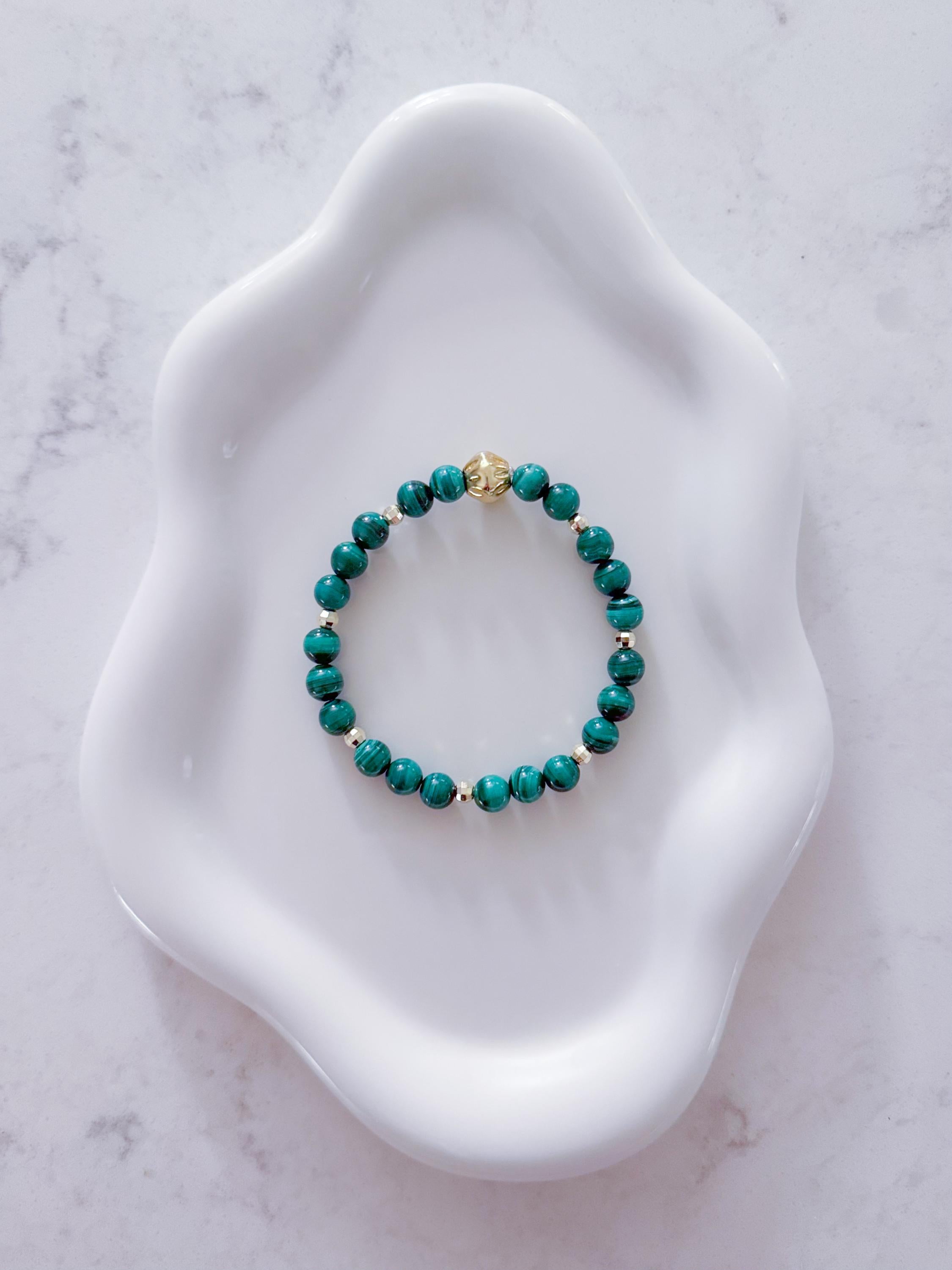 Malachite Beaded Bracelet | 14KT Gold Plated Accents, Healing Stone