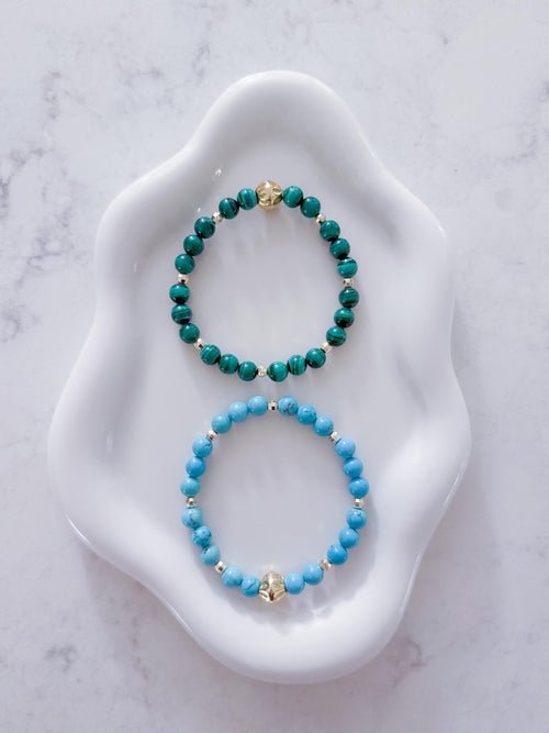 Malachite Beaded Bracelet | 14KT Gold Plated Accents, Healing Stone