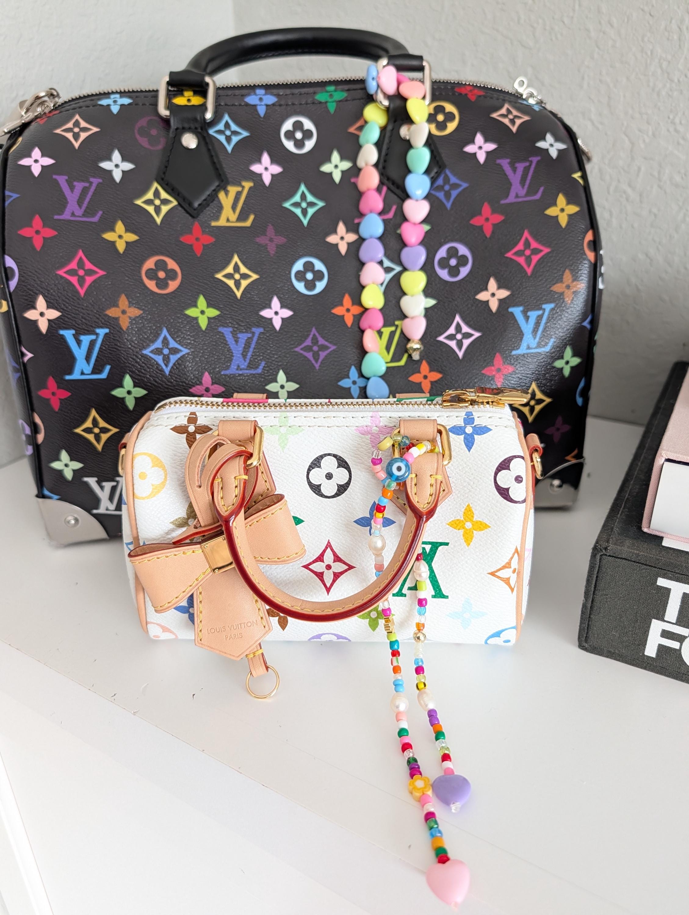 Colorful Evil Eye Bag Charm – Handmade Beaded Handbag Charm with Smiley, Freshwater Pearls & Hearts