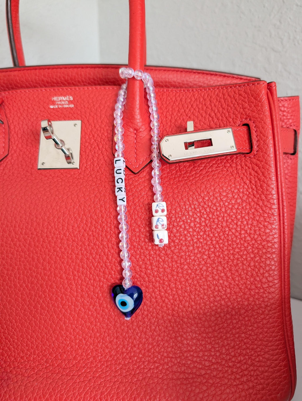 Handmade Iridescent Beaded Bag Charm – Lucky Evil Eye, Cherries